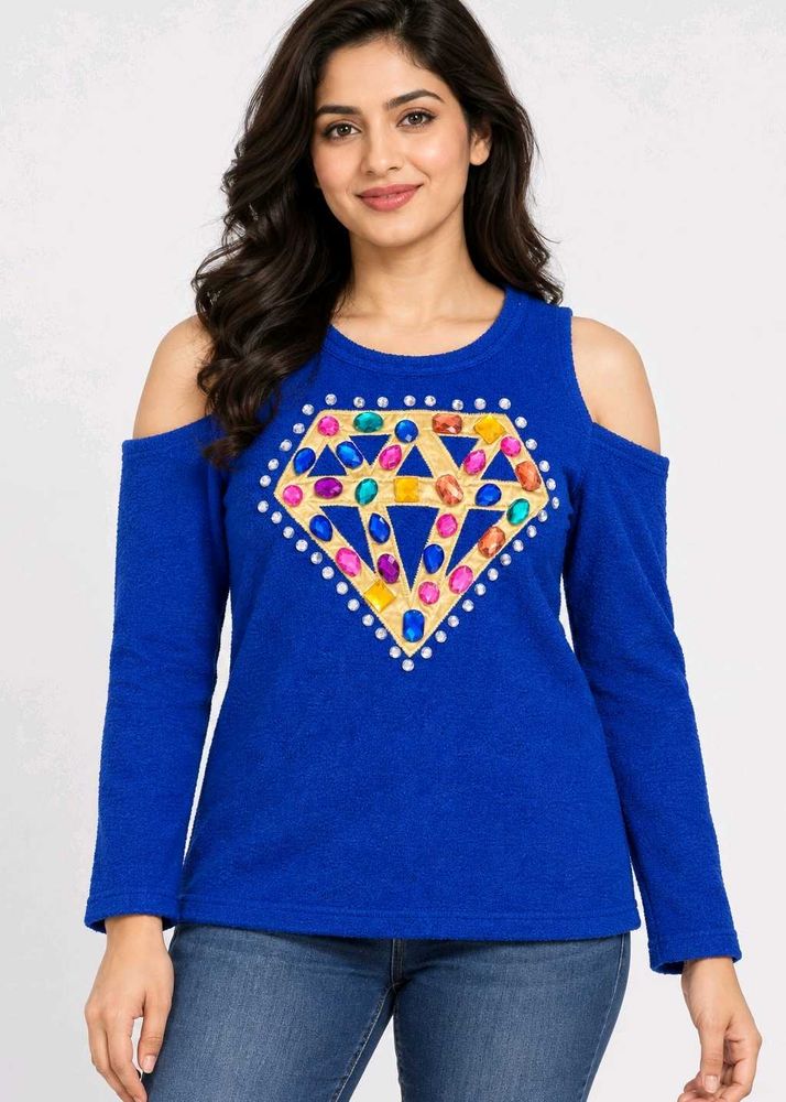 Blue Cold Shoulder Top with Diamond Embellishment
