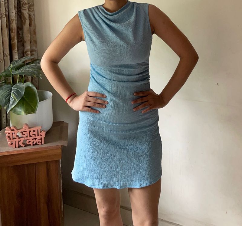 Stylish Blue Ruched Mini Dress