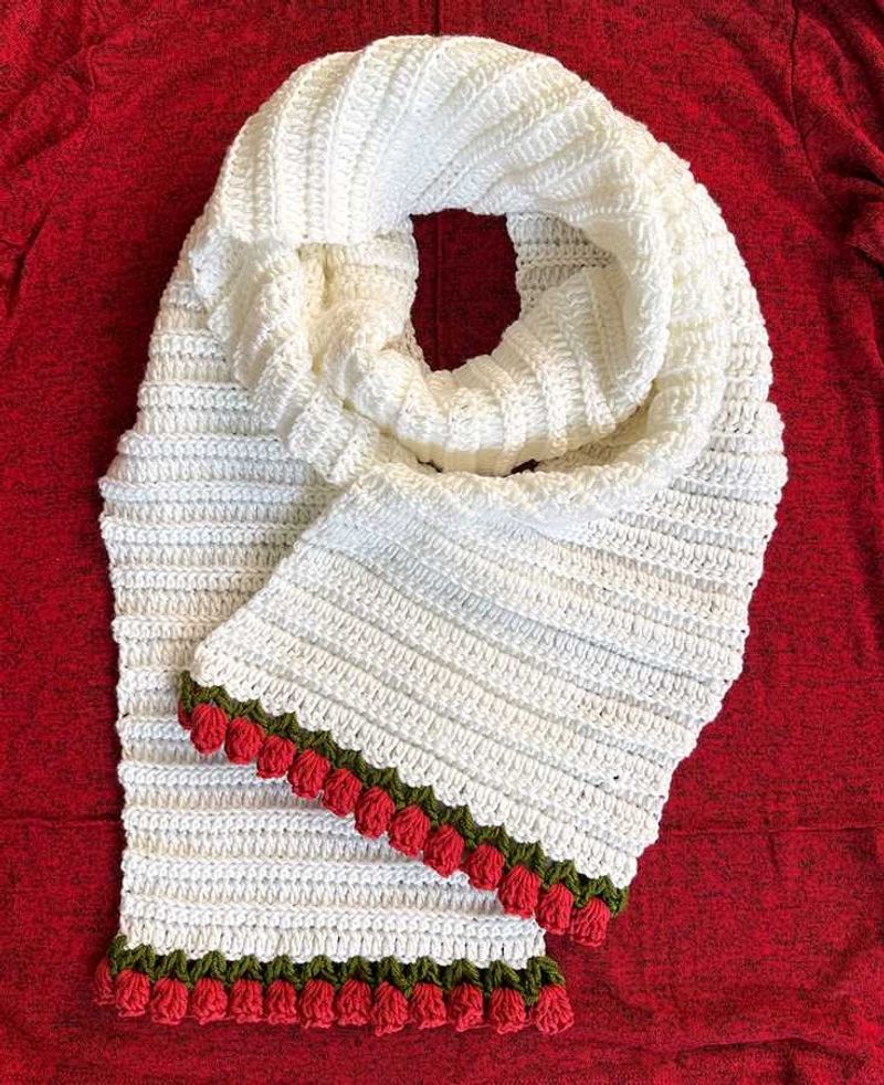 Handmade White Crochet Scarf with Red Roses
