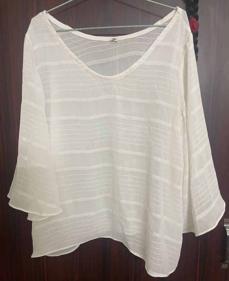 Chic White Sheer Stripe Bell Sleeve Top