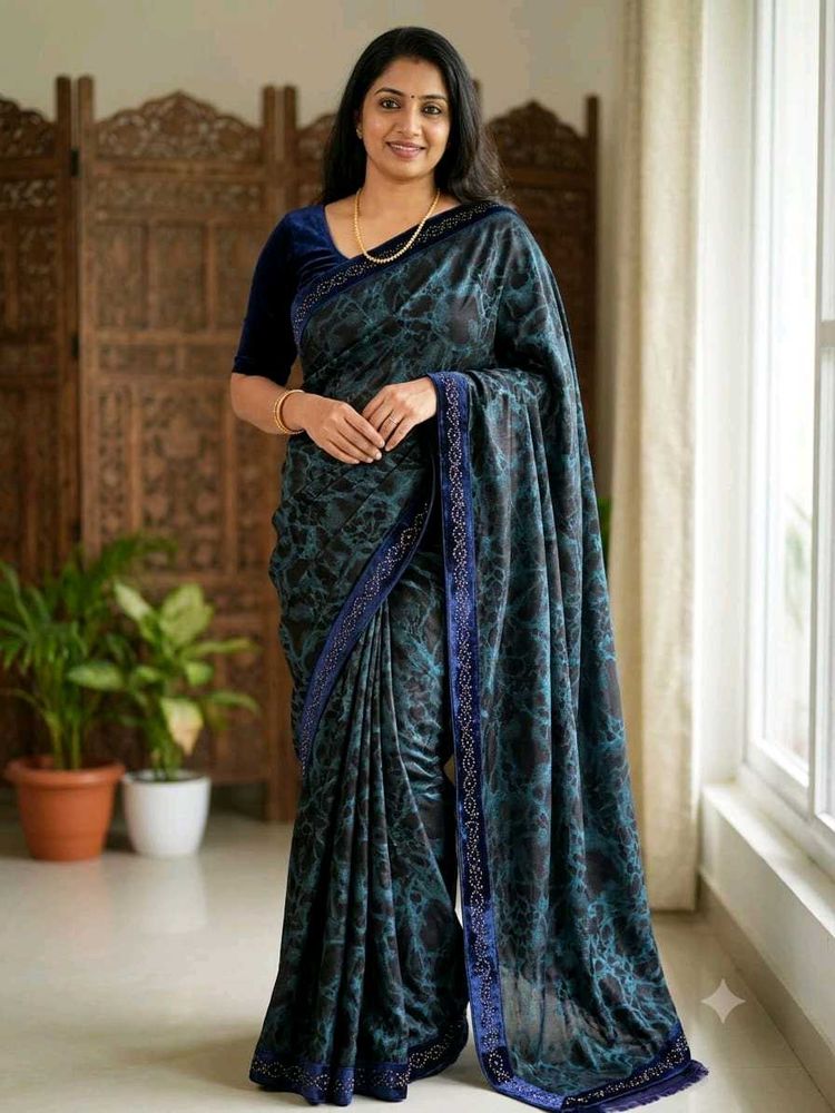 Elegant Blue &amp; Black Printed Saree