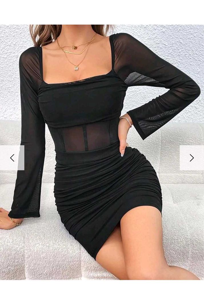 Chic Black Sheer Mesh Ruched Dress