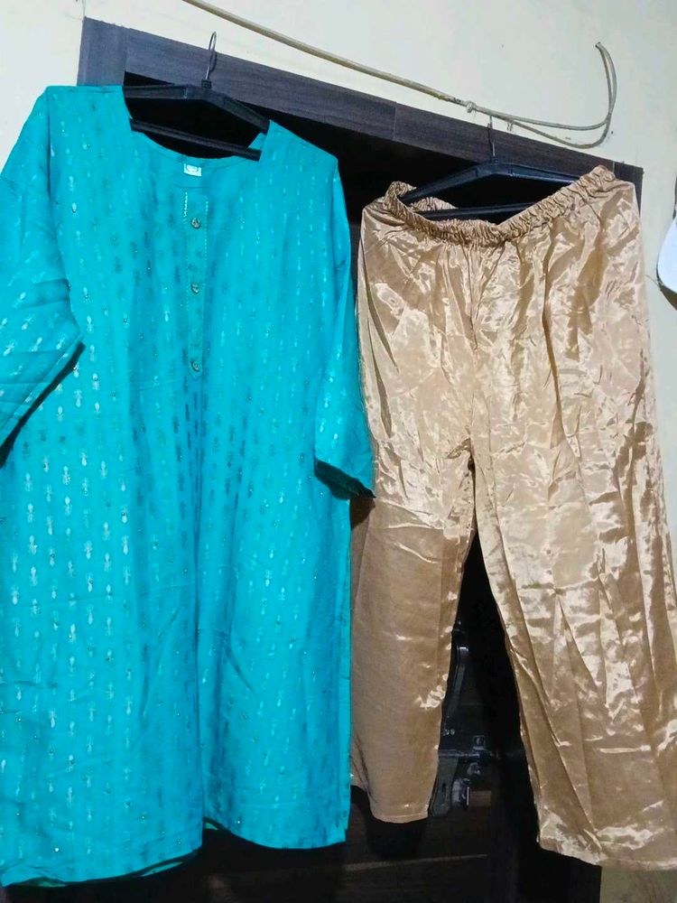 Teal Kurta and Gold Pants Set