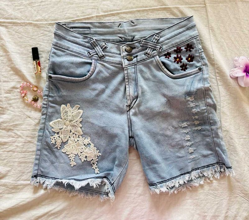 blue embroidered denim shorts