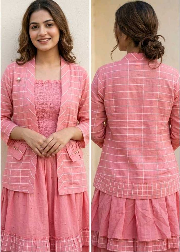 Pink Checkered Kurta Set with Jacket