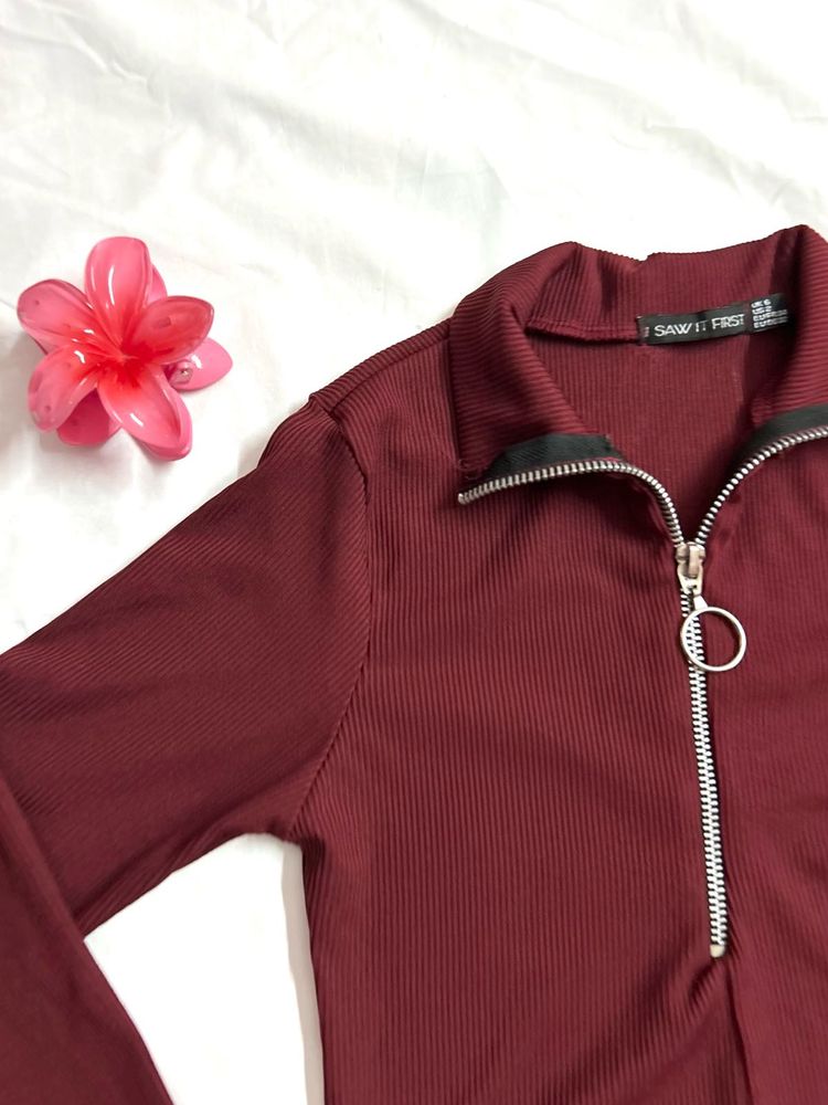 Maroon Crop Zip Up Top