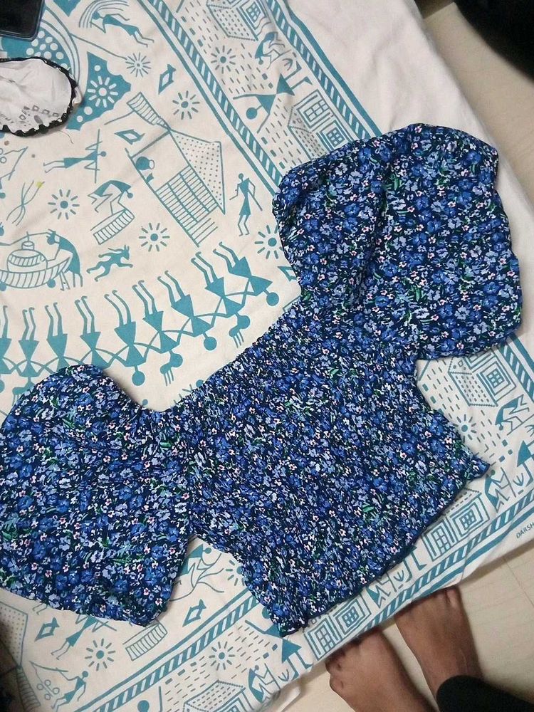 Blue Floral Smocked Puff Sleeve Top