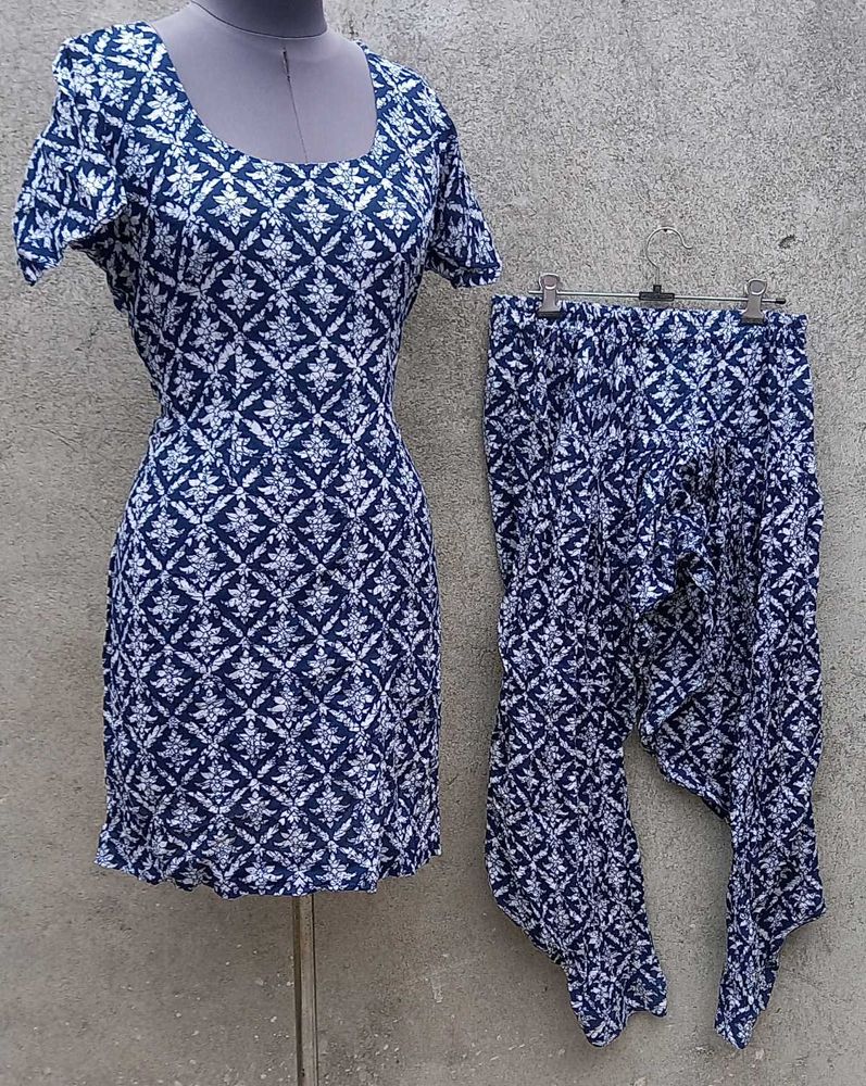 Blue &amp; White Printed Kurta Set