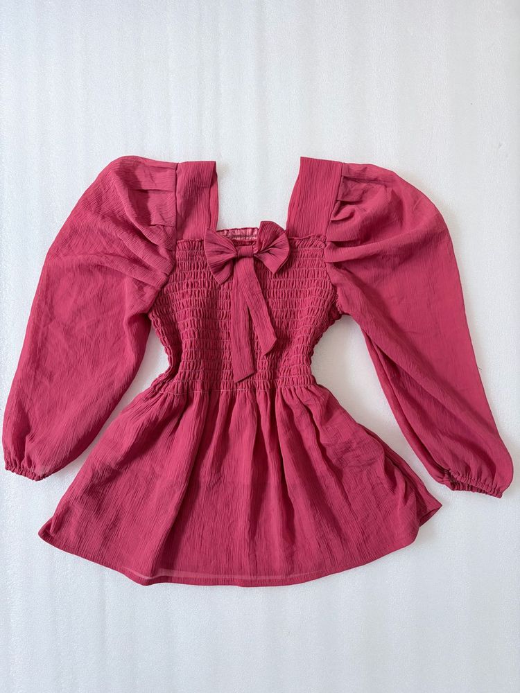 Chic Pink Puff Sleeve Top with Bow