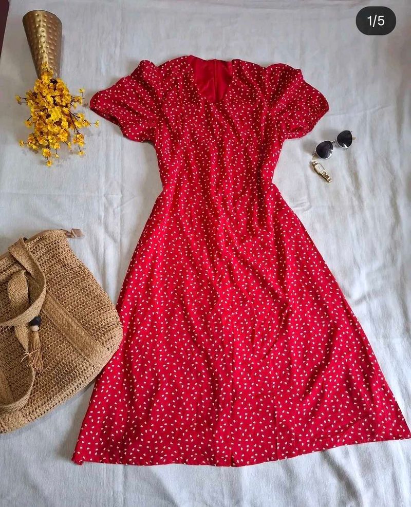Chic Red Ditsy Floral Print Dress