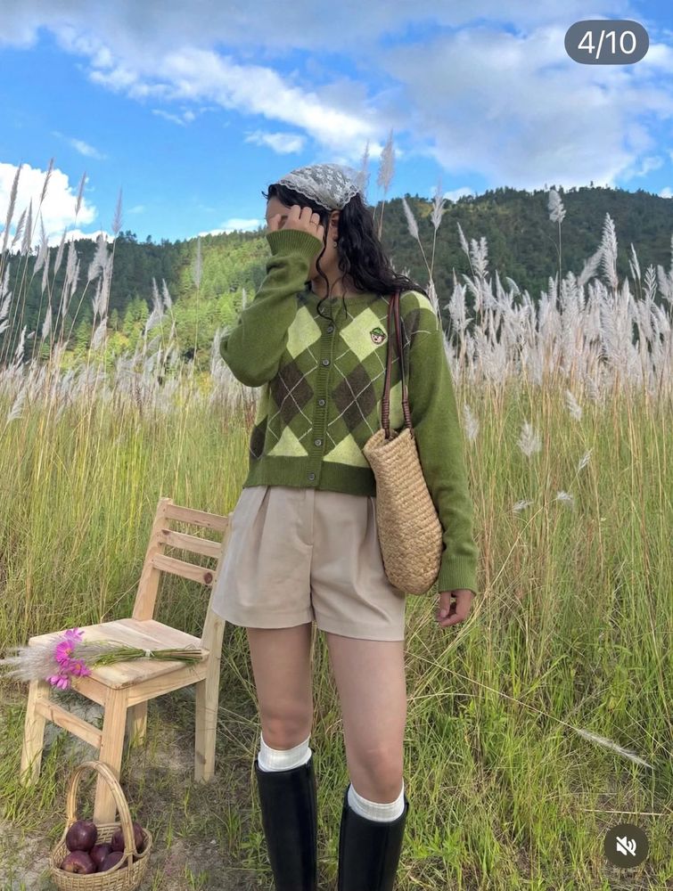 Argyle Knit Cardigan with Cute Patch