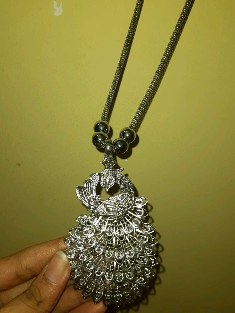 Silver Peacock Necklace And Earrings Set