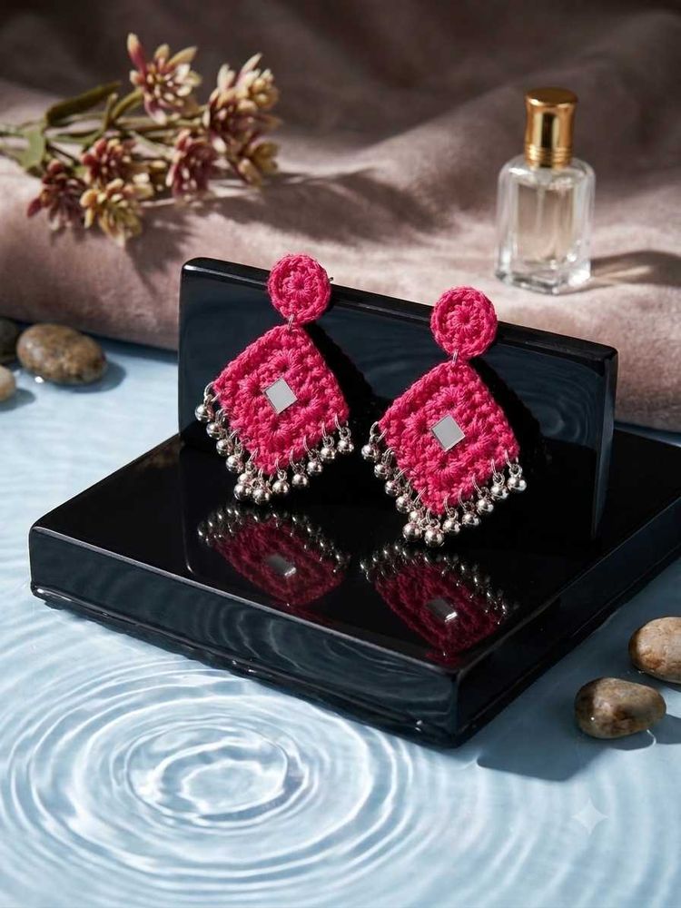 Boho Pink Diamond Earrings with Mirror(Navratri)