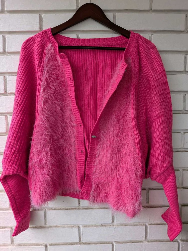 Vibrant Pink Fuzzy Cardigan- missing button