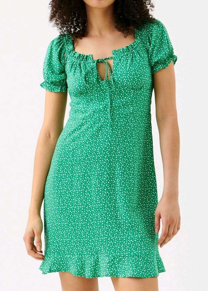 Green Ditsy Floral Puff Sleeve Dress