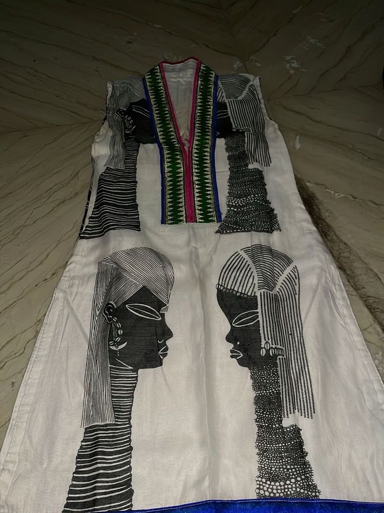 White Kurta with Tribal Print(with pants and shaw
