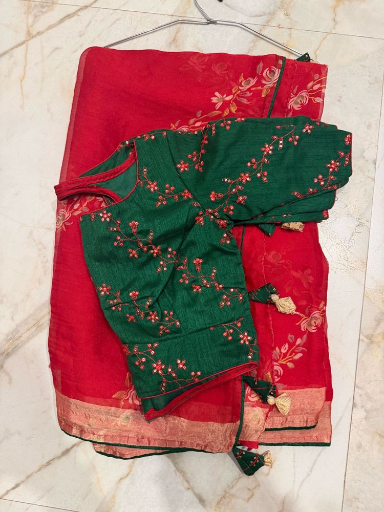 Elegant Red Saree with Embroidered Blouse