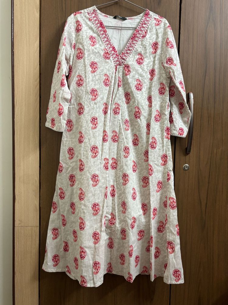 White Kurta with Red Paisley Print
