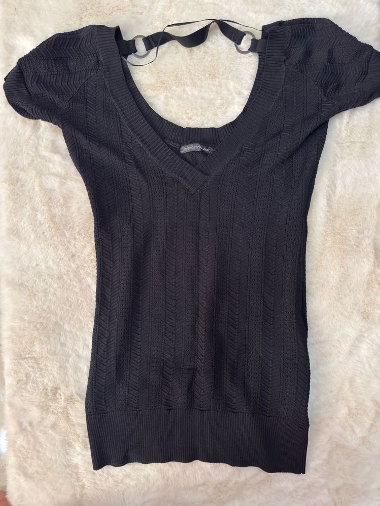 NEW Black Knit V-Neck Top with Ring Detail