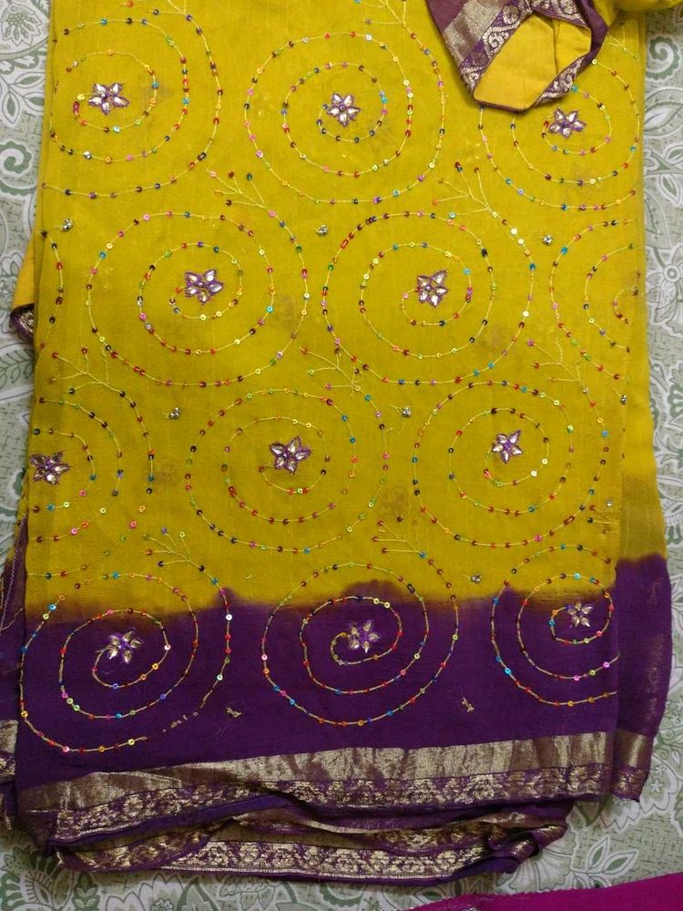 Vibrant Yellow &amp; Purple Saree with Sequins