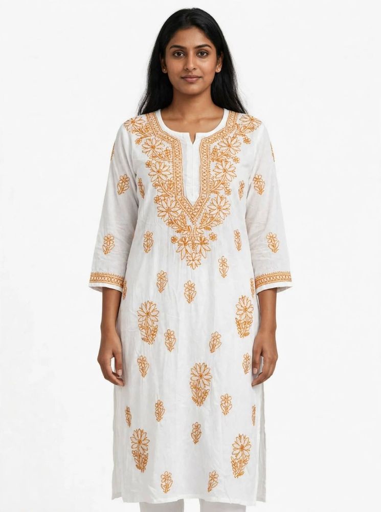 🌼✨ WHITE &amp; MUSTARD CHIKANKARI LONG KURTI
