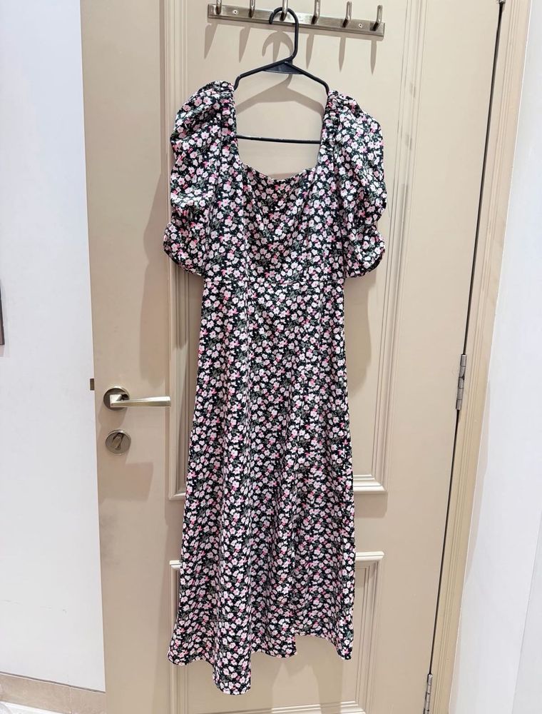 Floral Print Puff Sleeve Midi Dress