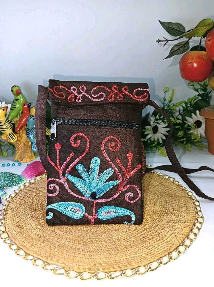 Brown Embroidered Sling Bag