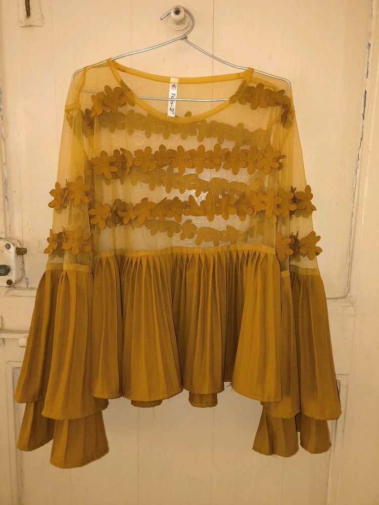 Yellow Floral Sheer Bell Sleeve Top