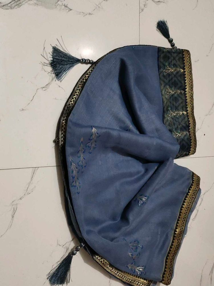 Blue Embroidered Saree with Tassels