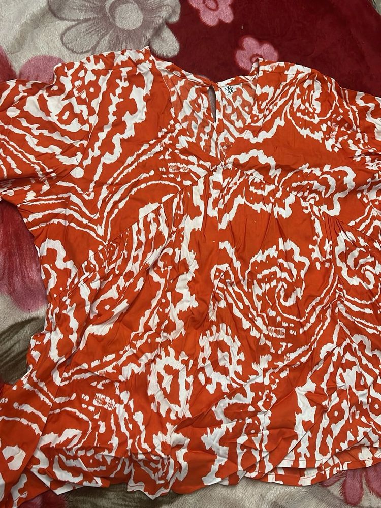 Vibrant Orange &amp; White Print Tunic Top