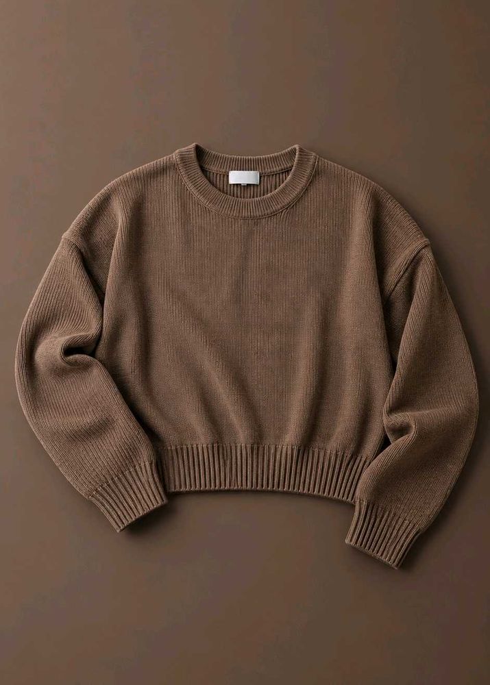 BROWN RIBBED CREW NECK SWEATER