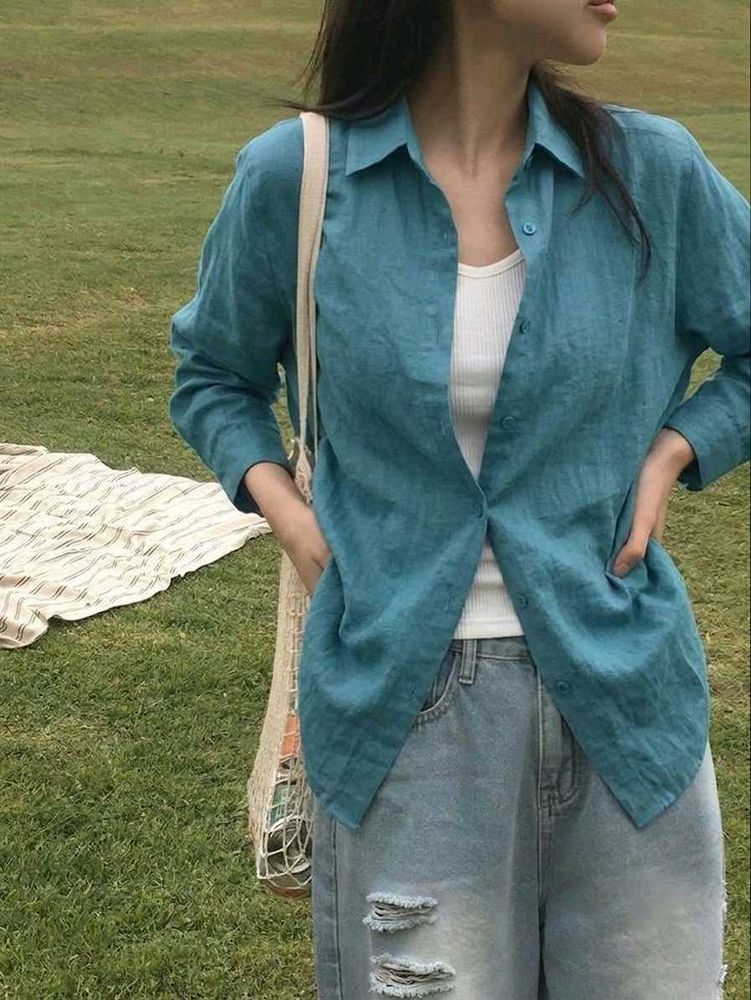 Korean Pintrest Solid Teal Button-Up Shirt