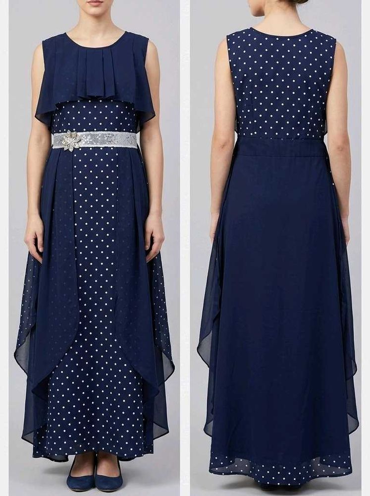 Elegant Navy Polka Dot Maxi Dress