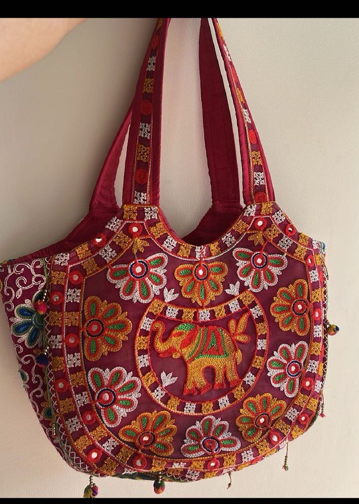 Boho Elephant Embroidered Tote Bag