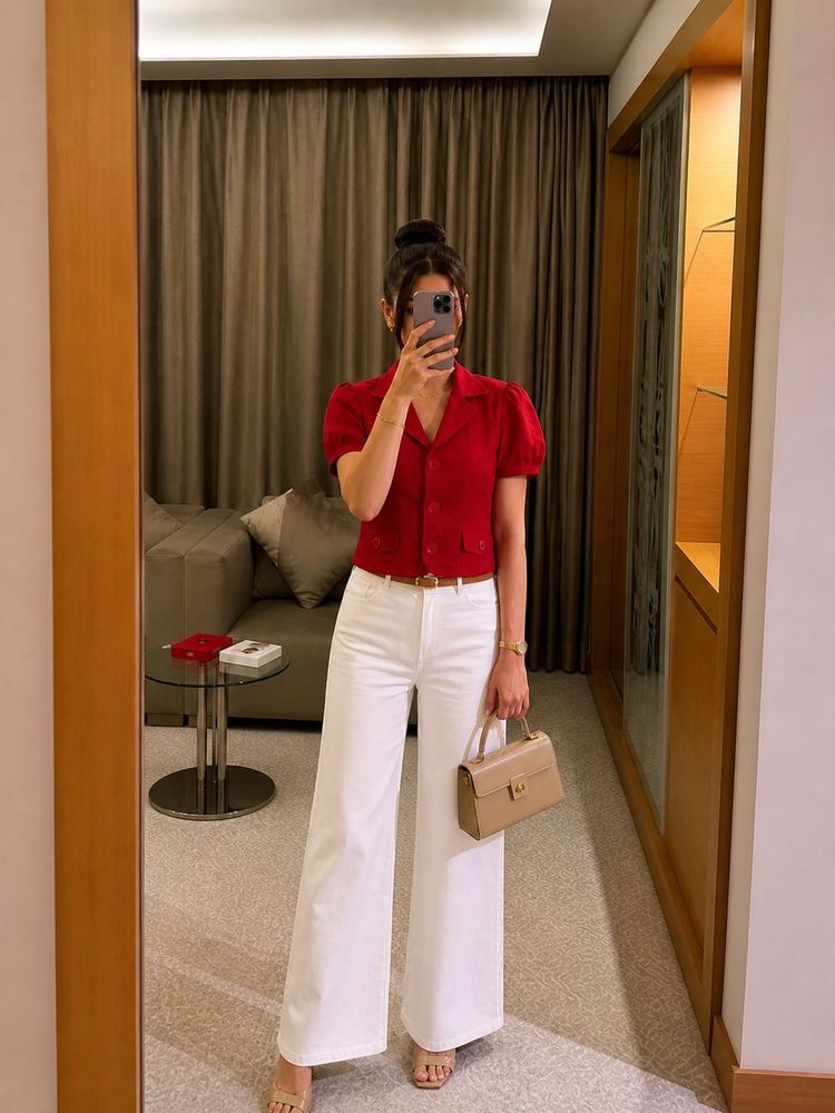 Chic Red Collared Puff Sleeve Top
