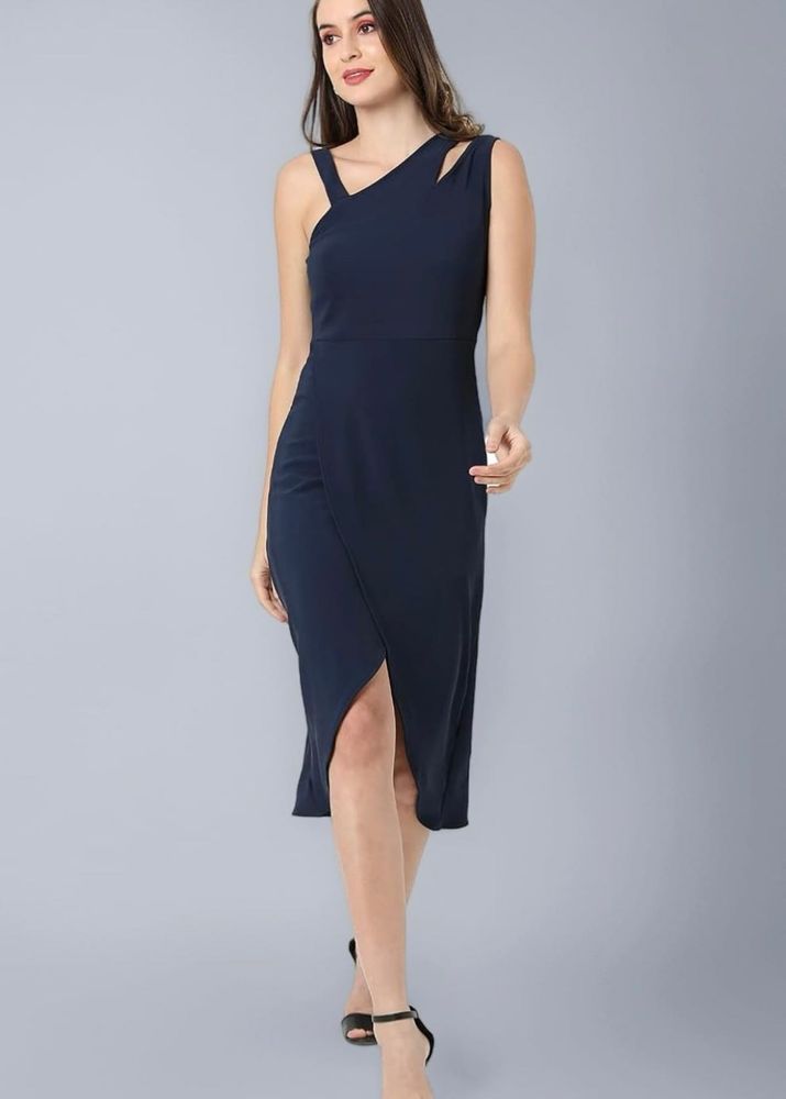 Navy Blue One-Shoulder Dress with Slit