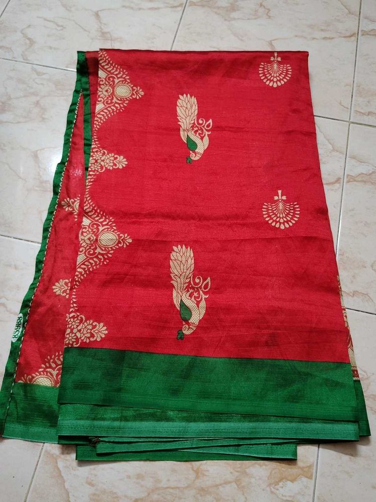 Red Saree with Peacock Motifs