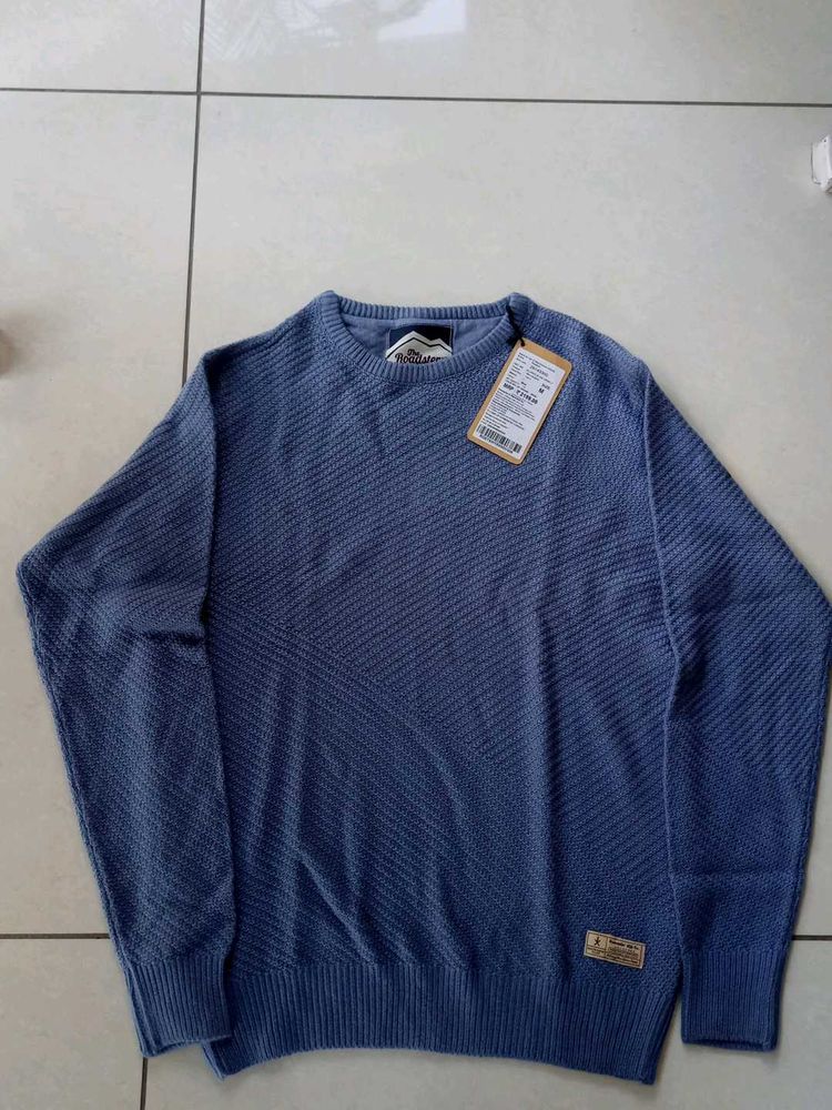 Blue Textured Crewneck Sweater