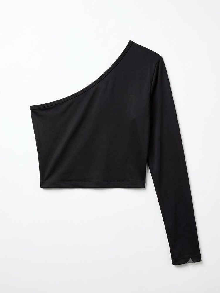 Trendy Black One Shoulder Top | Long Sleeve Crop T