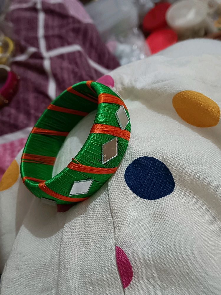 Green Colour With Mirror Work Thread Bangle