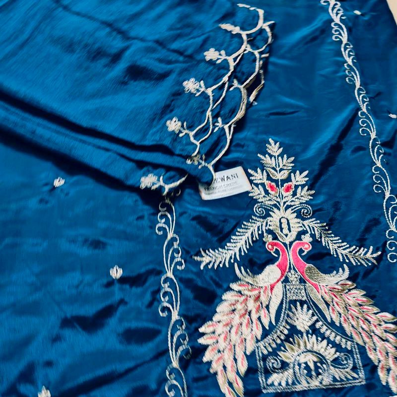 *French Crepe Peacock Embroidered Suit with Zari W
