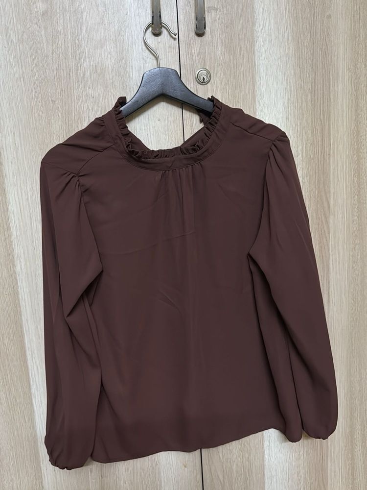 Elegant Brown Ruffle Neck Top