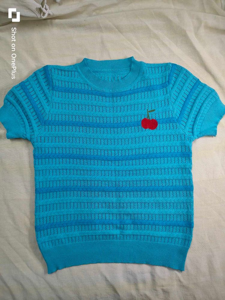 Cute Blue Cherry Knit Top