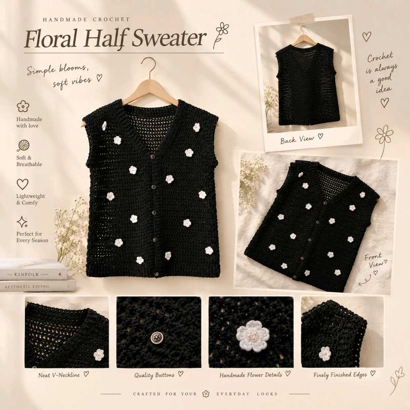 Handmade Crochet Floral Half Sweater Vest