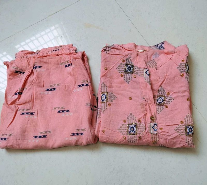 Pink Kurta Set with Printed Trousers