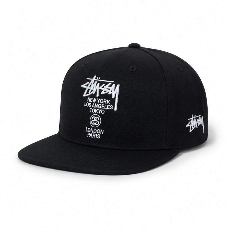 Stussy World Tour Black Snapback Flat Brim Cap