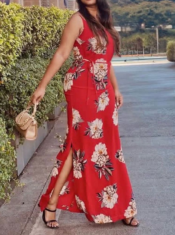 Red Floral Maxi Dress with Slit