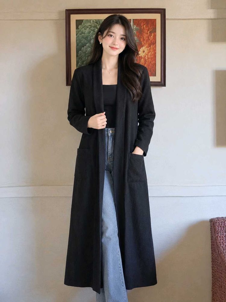 Chic Longline Open Front Black Cardigan