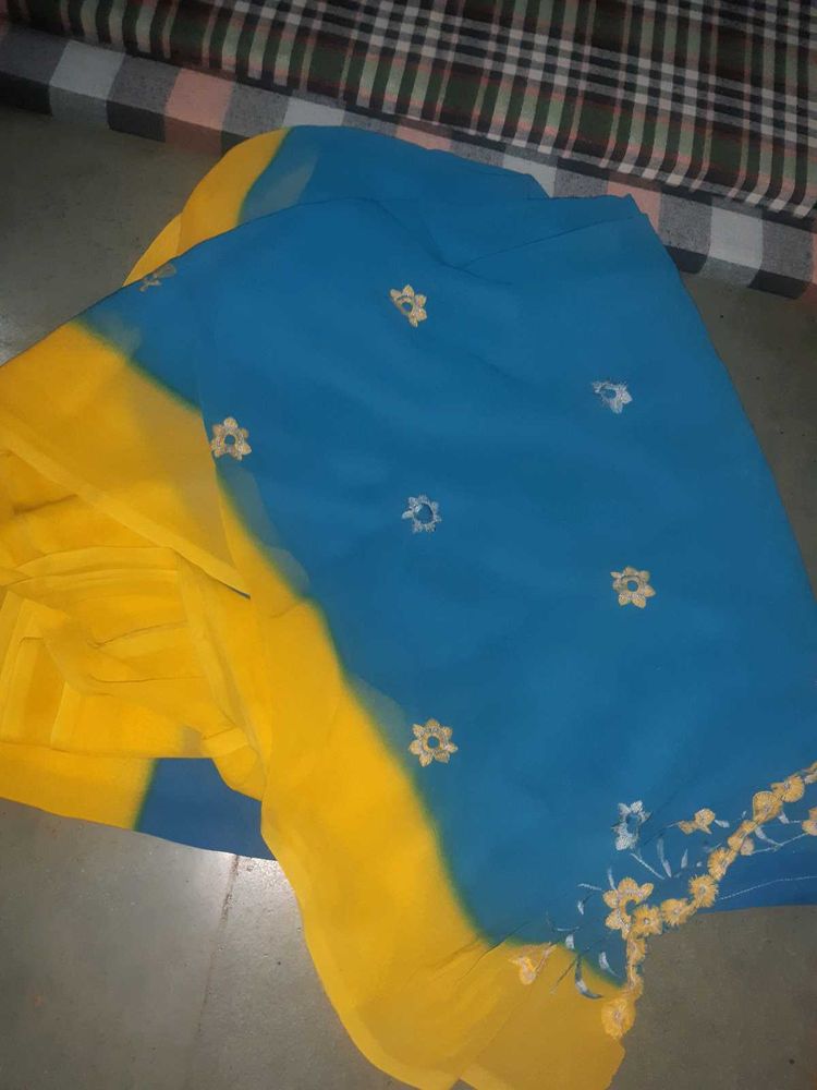 Blue and Yellow Saree with Floral Embroidery