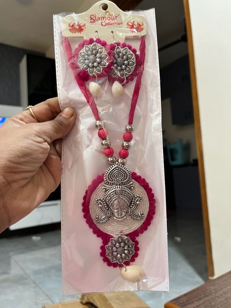 Oxidized Durga Necklace &amp; Earrings Set